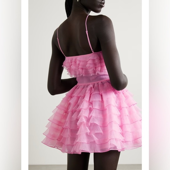 NWT Staud Florian Appliqué Flower Ruffle Halter Organza Mini Dress Tulip Pink - Picture 3 of 13